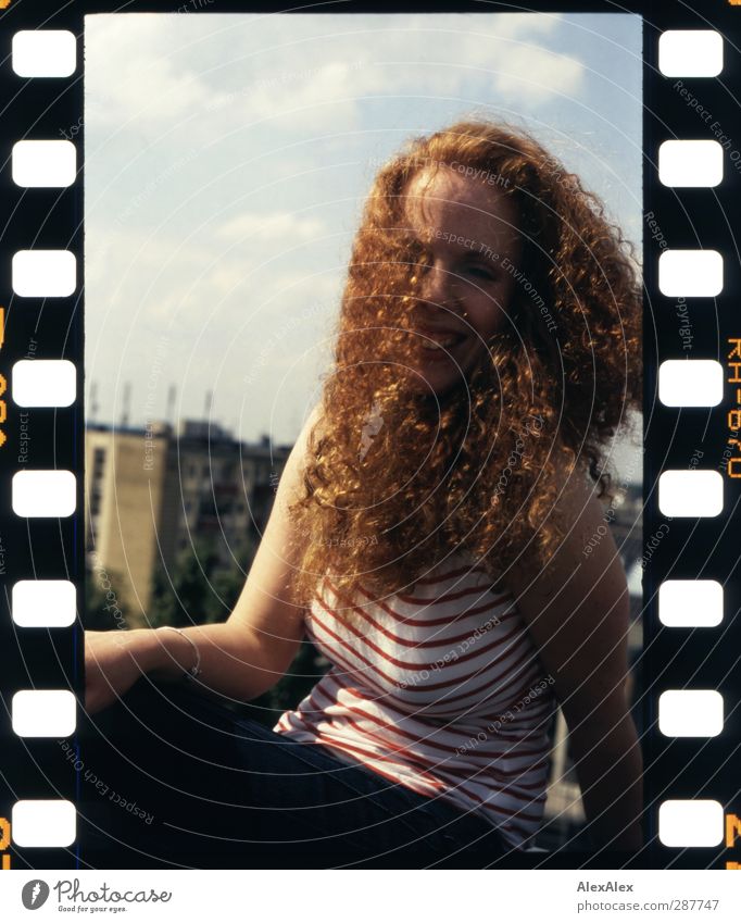 Red Lily White Bell Hair and hairstyles Arm Freckles Red-haired Curly Lush Town Roof Smiling Laughter Eroticism Beautiful Joy Happiness Exotic Analog Stripe