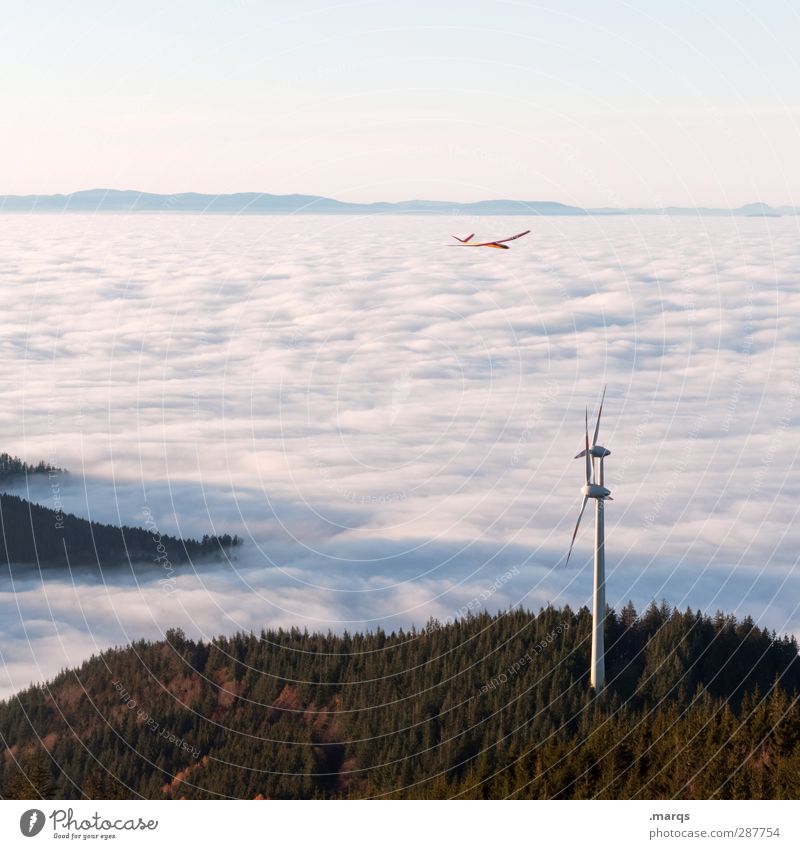 wind power Economy Energy industry Environment Nature Climate Climate change Beautiful weather Fog Forest Hill Mountain Aviation Airplane Sign Flying