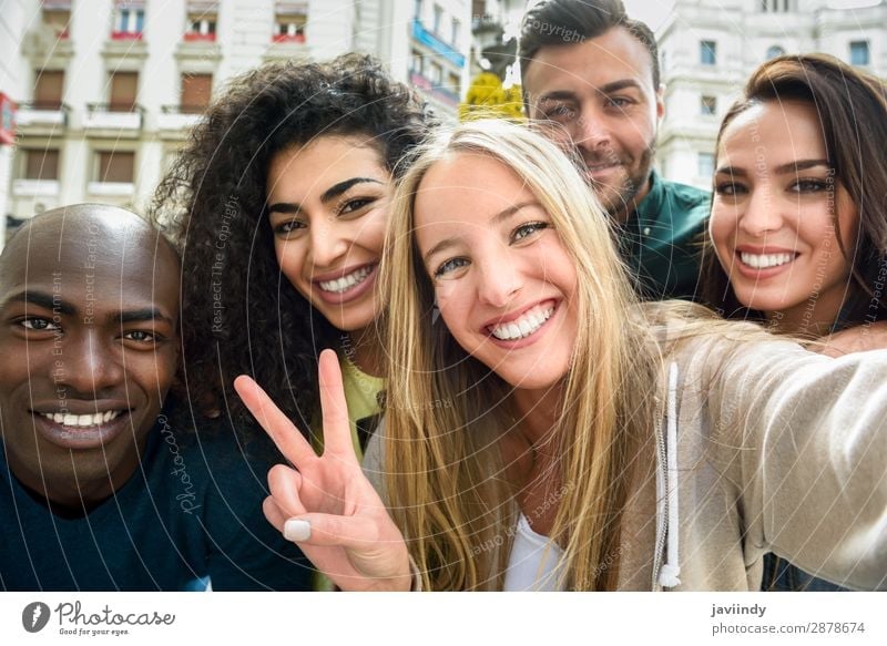 Multiracial group of young people taking selfie Lifestyle Joy Happy Beautiful Leisure and hobbies Vacation & Travel PDA Camera Human being Masculine Feminine