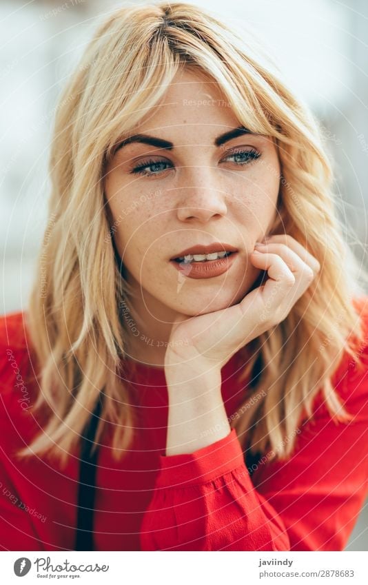 Blonde girl with red shirt enjoying life outdoors. Lifestyle Style Beautiful Hair and hairstyles Human being Feminine Young woman Youth (Young adults) Woman