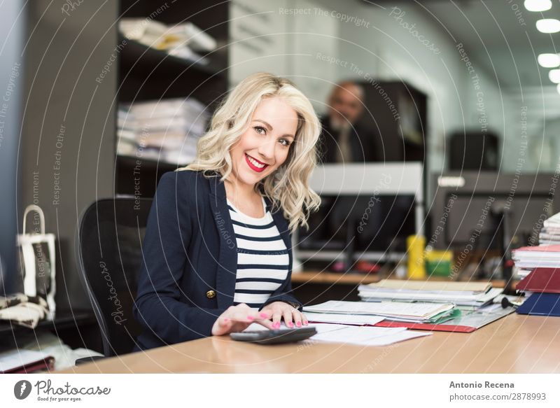 blonde 30s woman working at office and smiling Desk Work and employment Profession Office work Workplace Business Telephone Human being Woman Adults