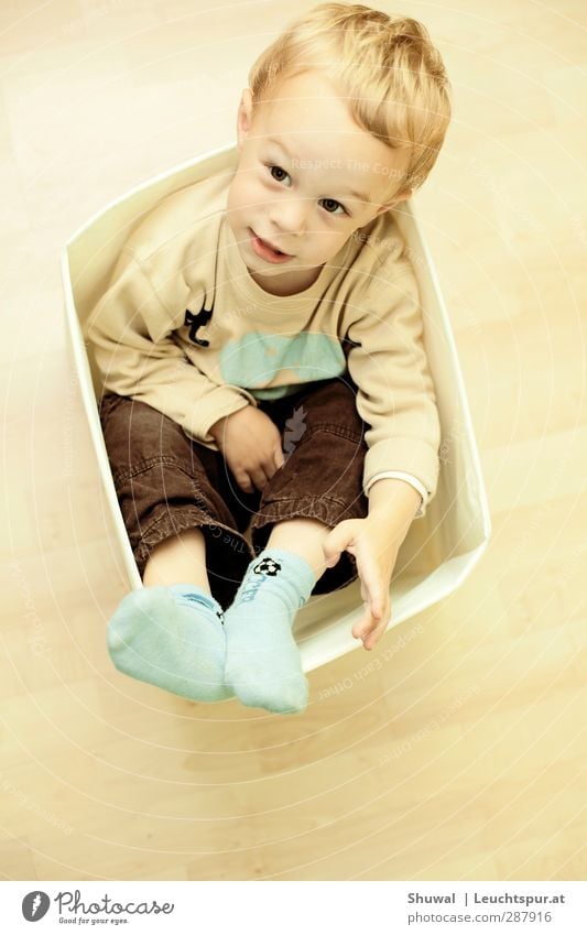 Take me to another place Playing Child Toddler Boy (child) Infancy 1 Human being 1 - 3 years Blonde Sit Joy Curiosity Parenting pedagogy Box Brash Colour photo