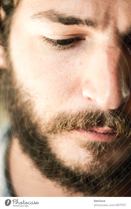hairy Portrait photograph Man Facial hair Beard Close-up European Caucasian Moustache Face White Downward Young man Attractive Beautiful Alternative Rocker
