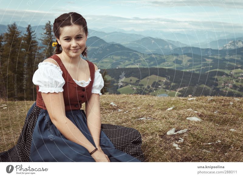Heidi Vacation & Travel Tourism Mountain Hiking Girl Infancy 1 Human being Landscape Tree Meadow Alps Fashion Traditional costume Brunette Braids Sit Dream