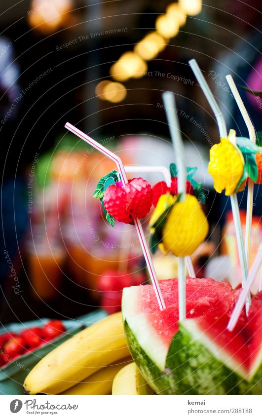 Pure fruit Food Fruit Water melon Banana Nutrition Straw Fresh Healthy Delicious Multicoloured Colour photo Exterior shot Deserted Day Contrast Blur
