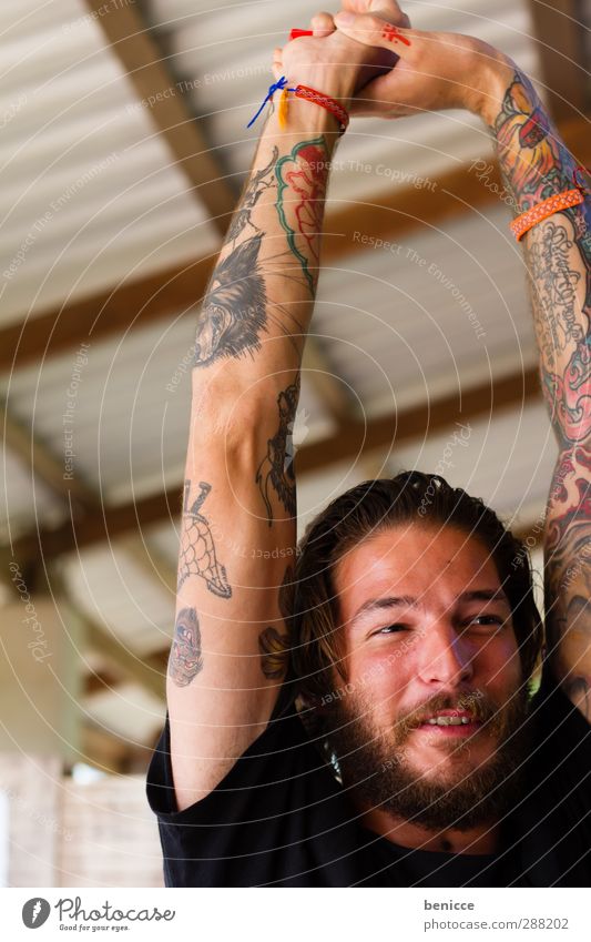 soo big Man Human being Young man Stretching stretch Facial hair Beard Tattoo Tattooed Attractive Masculine Yoga Sports Gymnastics Arm Hand Tall Above