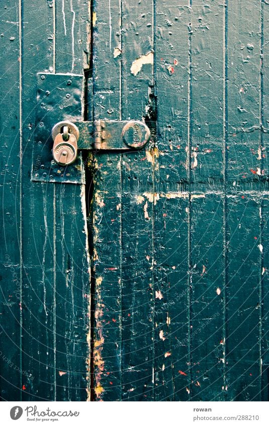 finalized Door Blue Lock Padlock Safety Closed Old Broken Dye Flake off Metal fitting Green Wooden gate Layer of paint Abrasion Break-in Burglar-proof