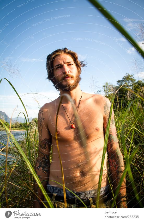 Beard Man Human being Young man Nature Grass Common Reed Eroticism Stand Masculine Exterior shot Lake River Portrait photograph Facial hair Naked Upper body