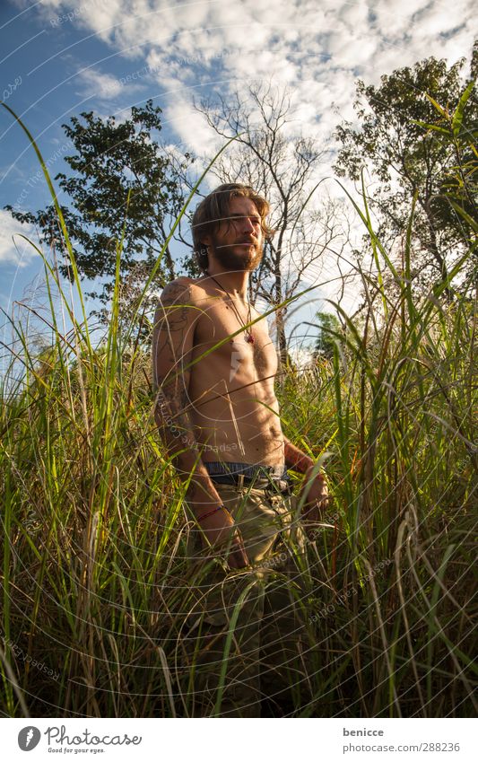 grassy Man Human being Young man Nature Grass Common Reed Eroticism Stand Masculine Exterior shot Lake River Portrait photograph Facial hair Beard Naked