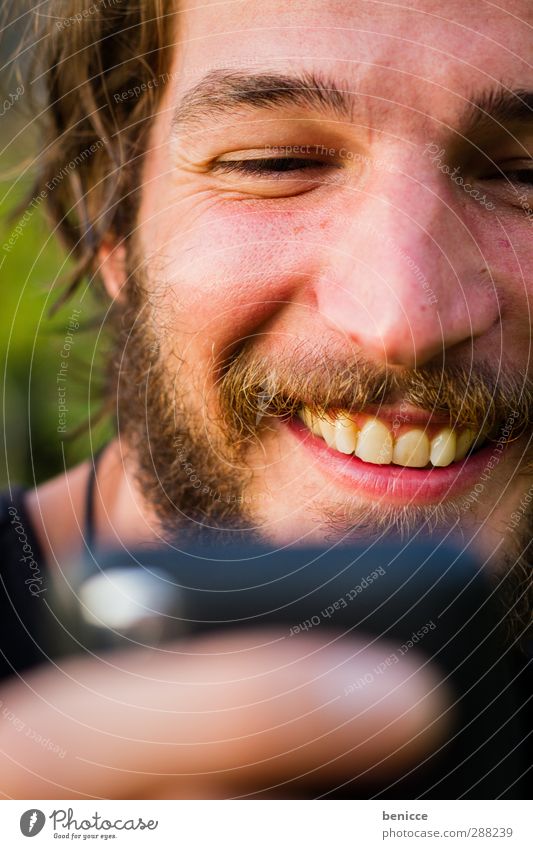 happy message Man Human being Cellphone Telephone iPhone Reading Portrait photograph Close-up Looking SMS Curiosity Face Eyes Facial hair Beard Earnest Laughter
