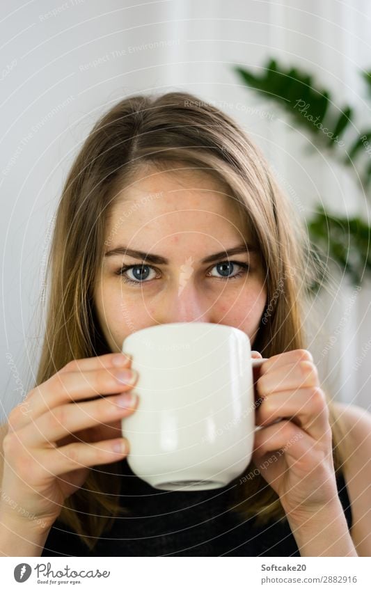 Time for tea To have a coffee Hot drink Hot Chocolate Coffee Tea Cup Mug Hair and hairstyles Harmonious Well-being Relaxation Feminine Young woman