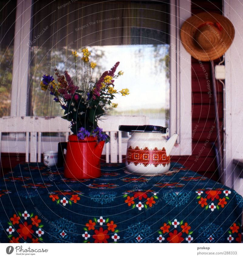 Still Life with Flowers, Tea and Hat Beautiful Colour Peace Idea Calm Style Bouquet Teapot Table Gardenhouse Veranda Car Window Tablecloth Pattern Idyll Enamel