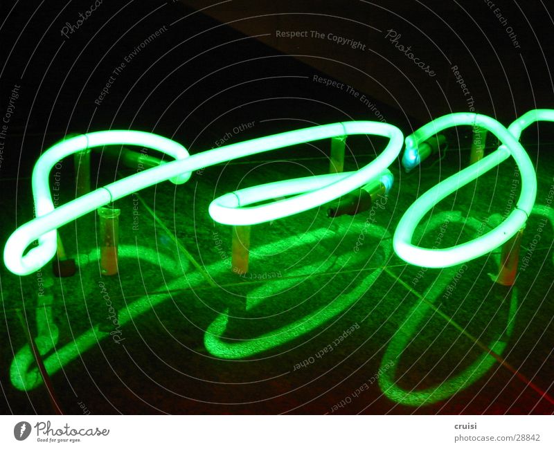 neon sign Neon sign Green Light Neon light Curved Round Night Black Reflection Obscure Characters Gas cursive Reaction