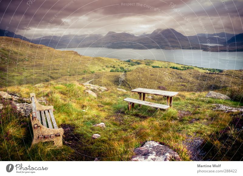 Bench with view 2 Vacation & Travel Trip Far-off places Freedom Nature Landscape Grass Bushes Moss Hill Mountain Bay Fjord applecross Great Britain Scotland