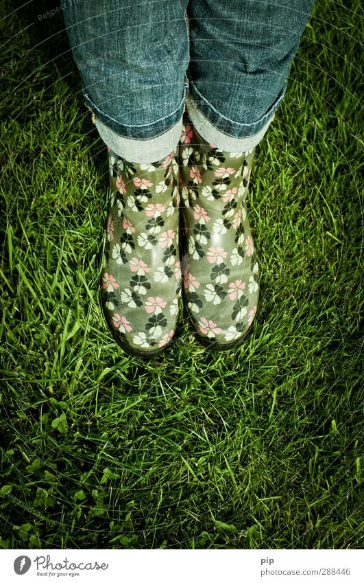 summer shoes 2011, 2012, ... Woman Adults Legs Human being Summer Bad weather Grass Meadow Pants Rubber boots Green Leisure and hobbies Fashion Wet Rain