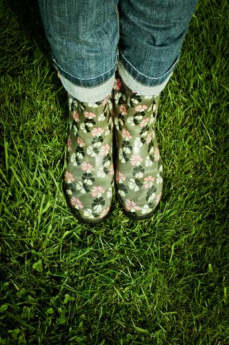 summer shoes 2011, 2012, ... Woman Adults Legs Human being Summer Bad weather Grass Meadow Pants Rubber boots Green Leisure and hobbies Fashion Wet Rain