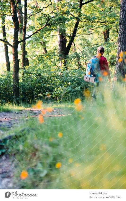 Woman hiker with backpack walking in forest during summer trip Lifestyle Beautiful Relaxation Leisure and hobbies Vacation & Travel Adventure Freedom Summer
