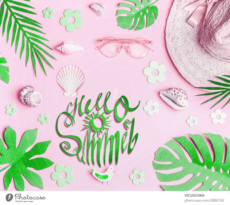 Hello summer. Pastel Pink Summer Accessories Lifestyle Style Design Vacation & Travel Summer vacation Beach Nature Leaf Fashion Accessory Sunglasses Hat Green