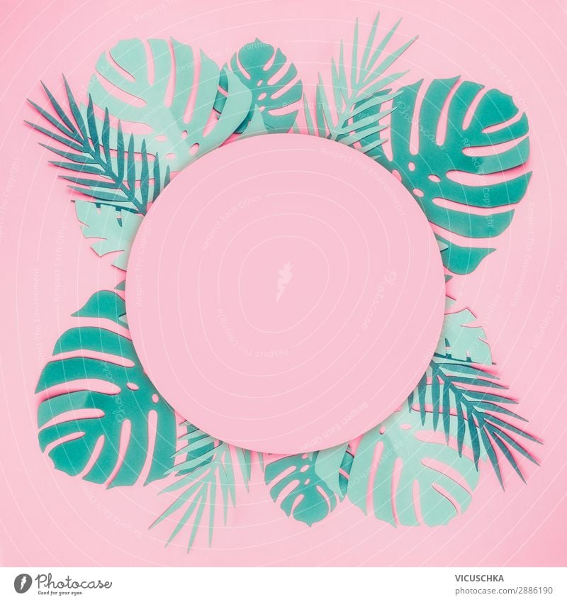 Round frame min tropical leaves Shopping Style Design Summer Nature Plant Leaf Oasis Paper Decoration Hip & trendy Pink Background picture Conceptual design