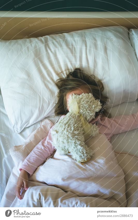 Little girl lying in a bed with teddy bear at the morning Happy Beautiful Playing Child Human being Woman Adults Toys Teddy bear Sleep Happiness Small Cute Bear