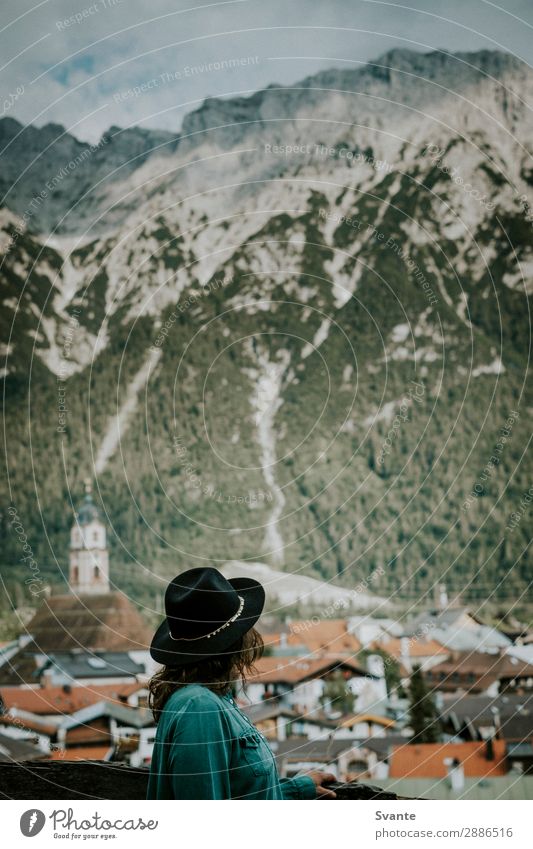 Woman with hat looking out over mountain town Lifestyle Style Vacation & Travel Tourism Trip Adventure Far-off places Freedom City trip Summer Summer vacation