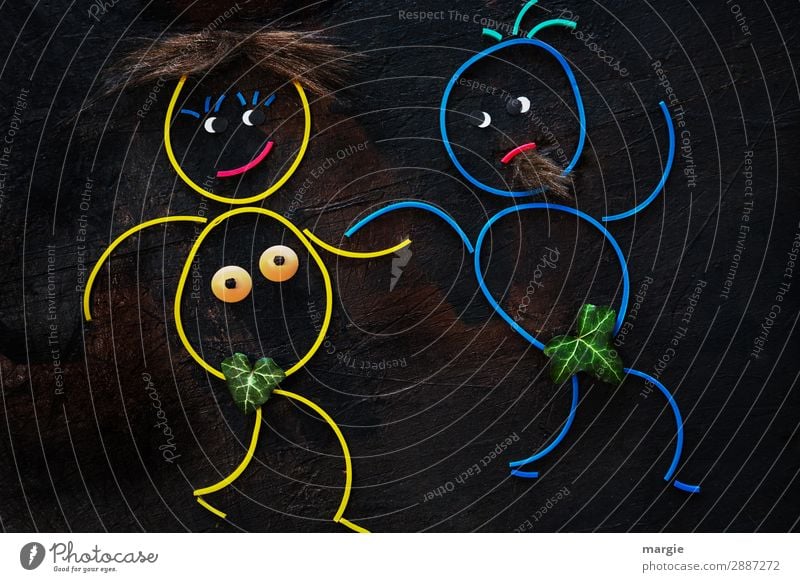Rubber worms: Adam and Eve Human being Masculine Feminine Woman Adults Man 2 Blue Multicoloured Yellow Black Identity Sex Sexuality Eroticism Breasts Chest Leaf