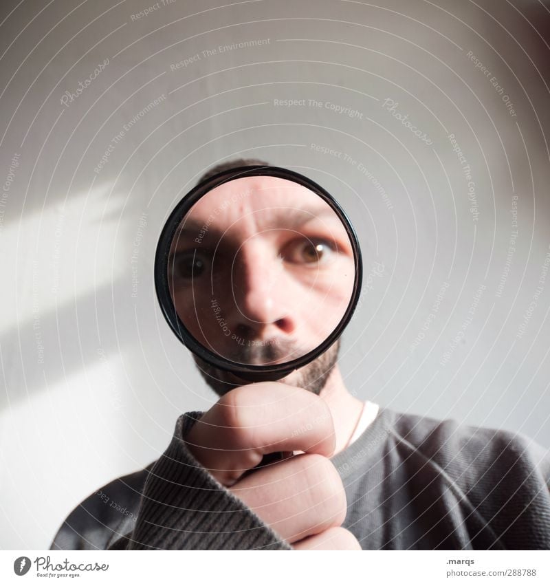 investigation Human being Masculine Adults Head Hand Magnifying glass Sign Looking Exceptional Funny Perspective Whimsical Future Search Detective Truth