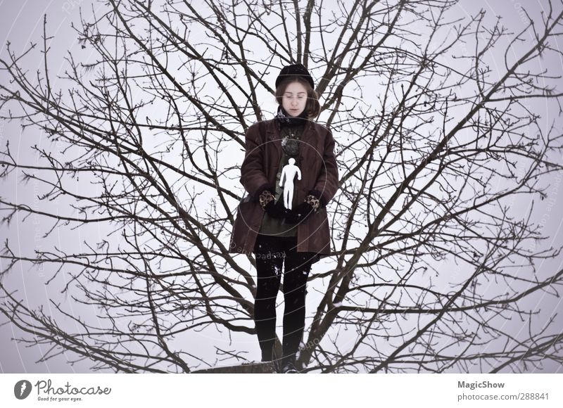 We are all part of nature 1 Human being Relationship Loneliness Cold Art Surrealism Symmetry Treetop Dream Think Philosophy Doll Sculpture Nature Sky Winter