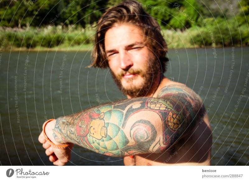 ell Man Human being Elbow Facial hair Beard Tattoo Tattooed Smiling Laughter Lake River Swimming & Bathing Summer Arm Hand Looking into the camera Sports