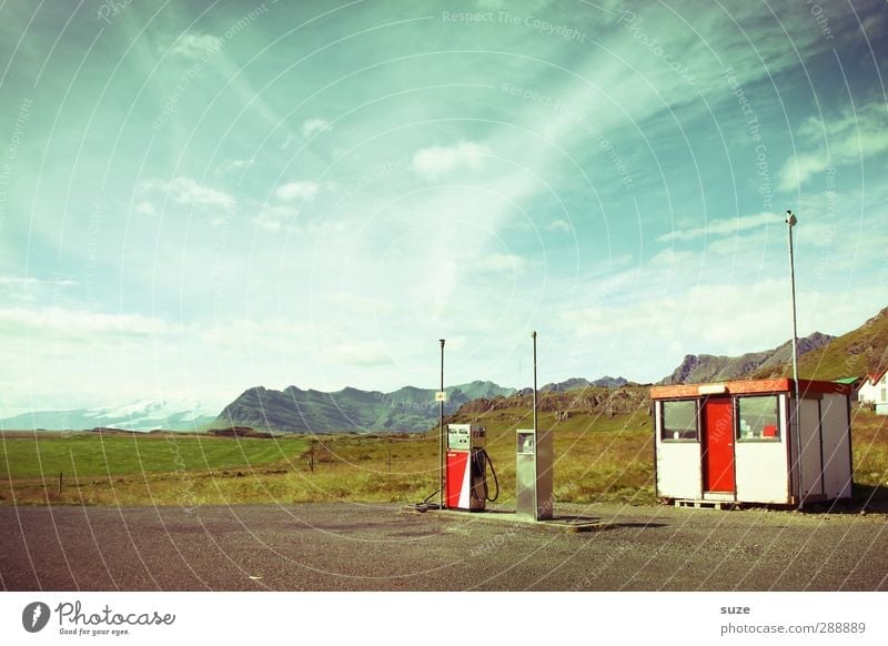 petrol station Environment Nature Elements Earth Sky Clouds Summer Beautiful weather Mountain Oil Old Exceptional Blue Loneliness Iceland Petrol station