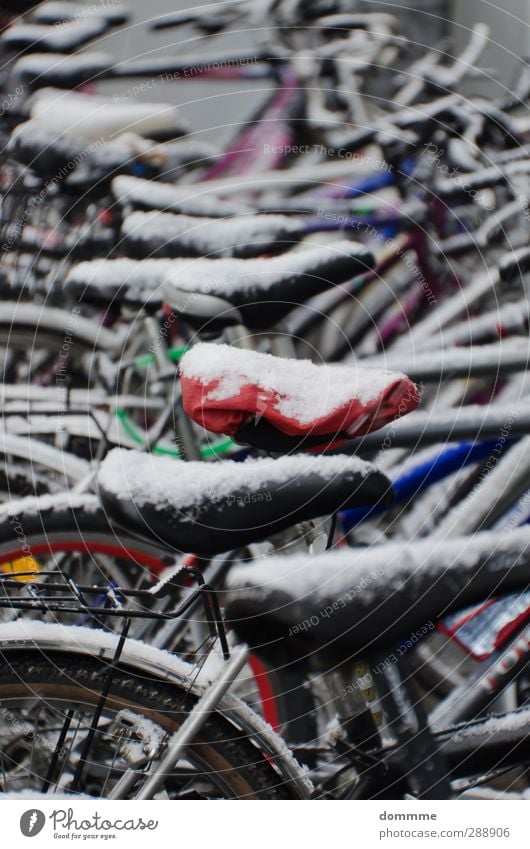 Bicycle on ice Cycling Winter Climate Ice Frost Snow Downtown Parking garage To fall Freeze Stand Wait Esthetic Simple Athletic Strong Town Red Black White