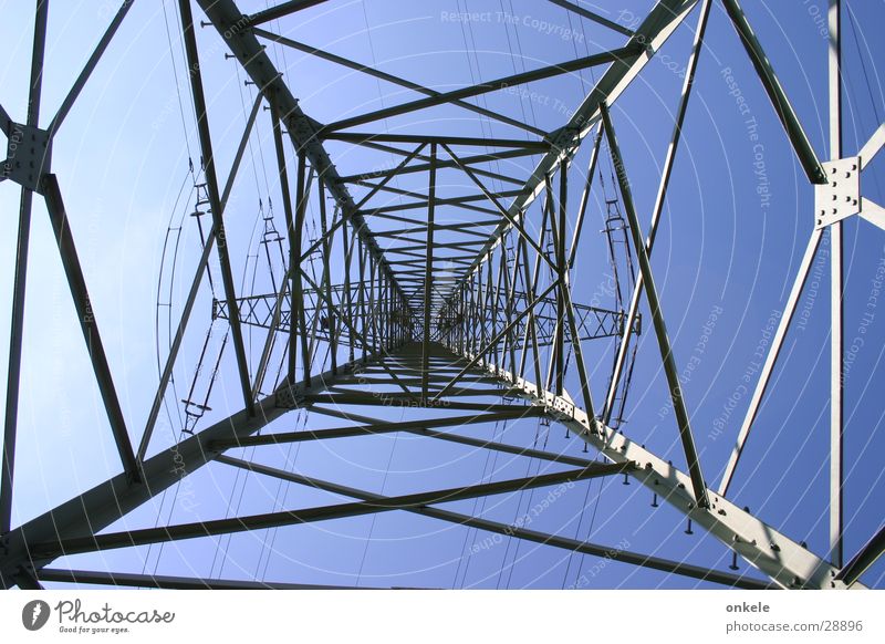 upward Electricity Electricity pylon Steel Gray Industry Upward lattice mast Energy industry Transmission lines Blue