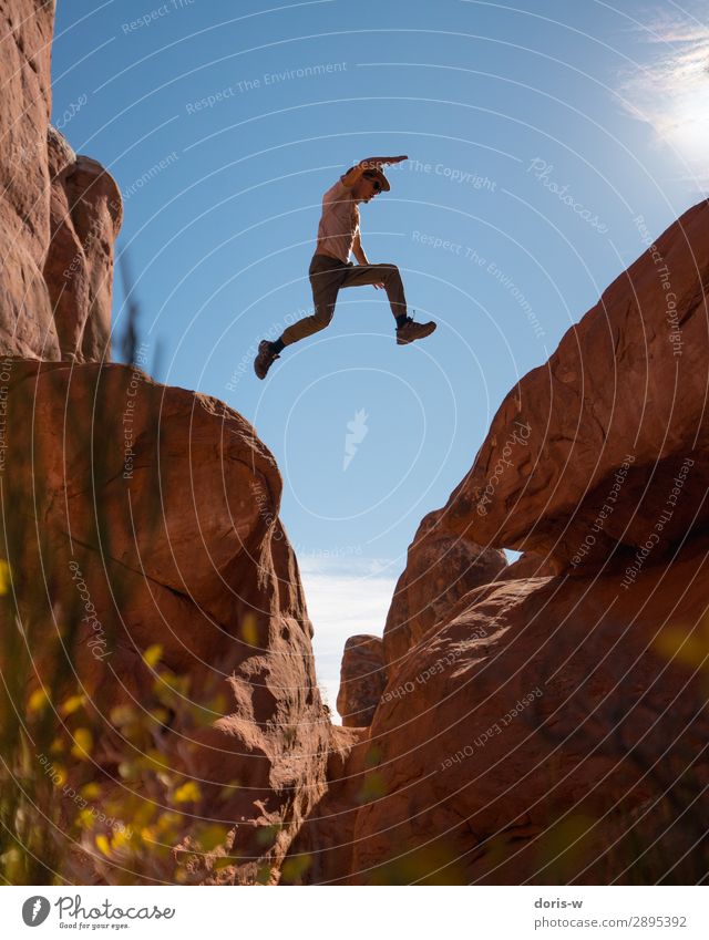 Jump! Athletic Fitness Vacation & Travel Trip Adventure Far-off places Freedom Expedition Summer Mountain Hiking Sportsperson Masculine Young man