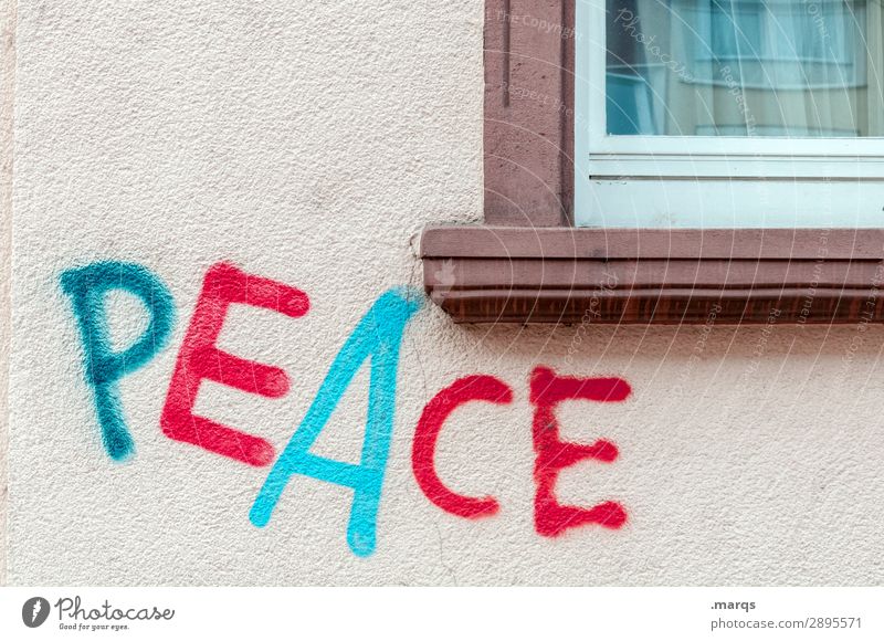peace Wall (barrier) Wall (building) Window Characters Graffiti Peace Politics and state Dye Colour photo Exterior shot Copy Space top