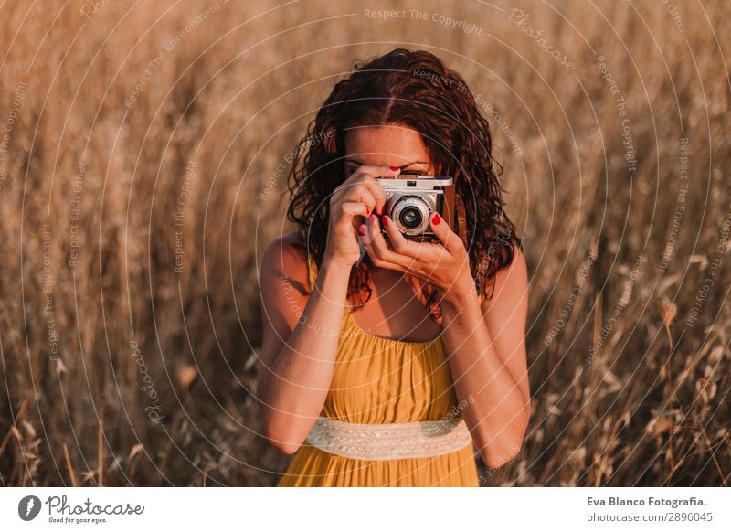 Young beautiful woman in yellow dress taking pictures Lifestyle Happy Beautiful Body Skin Vacation & Travel Freedom Summer Sun Camera Human being Feminine