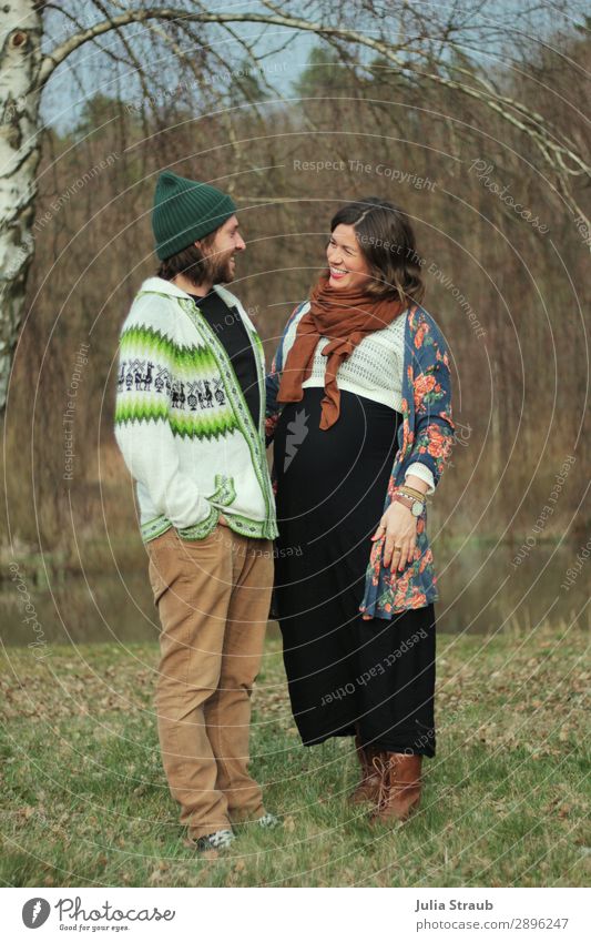 anticipation parents pregnant couple Masculine Feminine Woman Adults Man Parents Partner 2 Human being 30 - 45 years Nature Spring Tree Forest Lakeside Scarf
