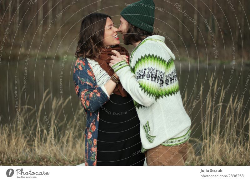Hey kissing want to hold Spring Winter Tree Grass Forest Lakeside Scarf Cap Brunette Long-haired Beard To hold on Crawl Kissing Laughter Beautiful Brown Green