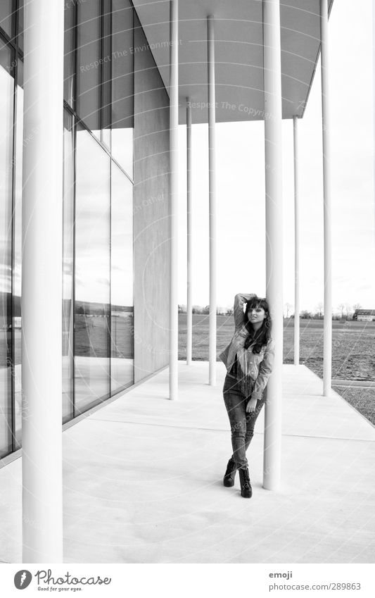 black and white Feminine Young woman Youth (Young adults) 1 Human being 18 - 30 years Adults Building Architecture Facade Hip & trendy Beautiful Column Posture