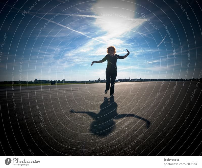 Balancing in life Harmonious Clouds Horizon Beautiful weather Runway Red-haired Long-haired Curl Movement Fitness Stand Free Identity Concentrate Protective