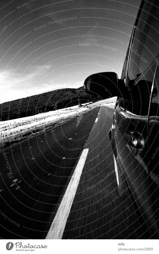 hispeed Small car Country road Speed Median strip Asphalt Black White Mirror Transport Car Mercedes A Class A-Class Street B/W bw Black & white photo outer door
