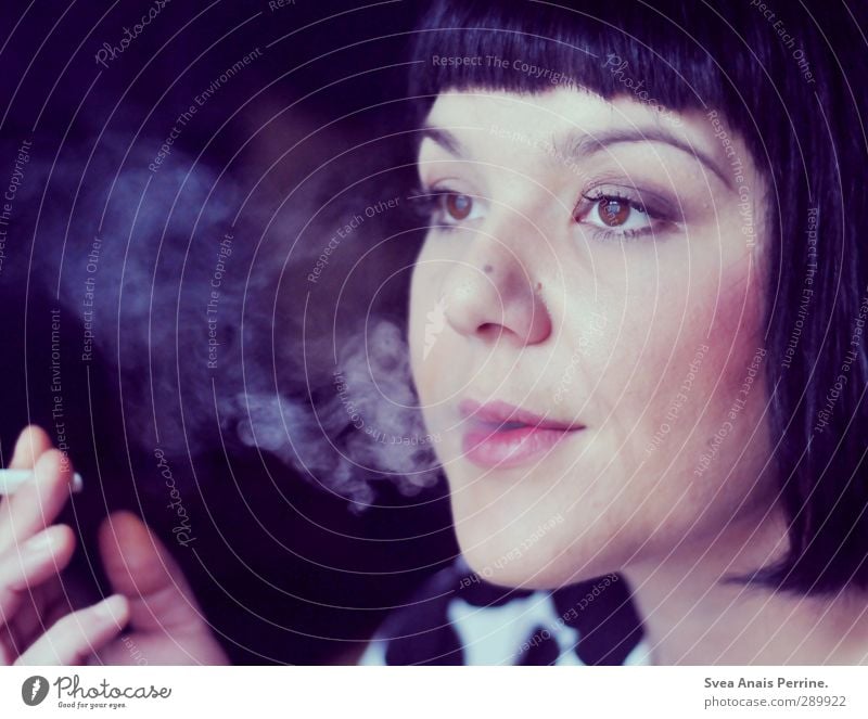 purple smoke. Feminine Woman Adults Hair and hairstyles Face Eyes Mouth Lips 1 Human being 30 - 45 years Black-haired Short-haired Bangs Observe To enjoy Dream