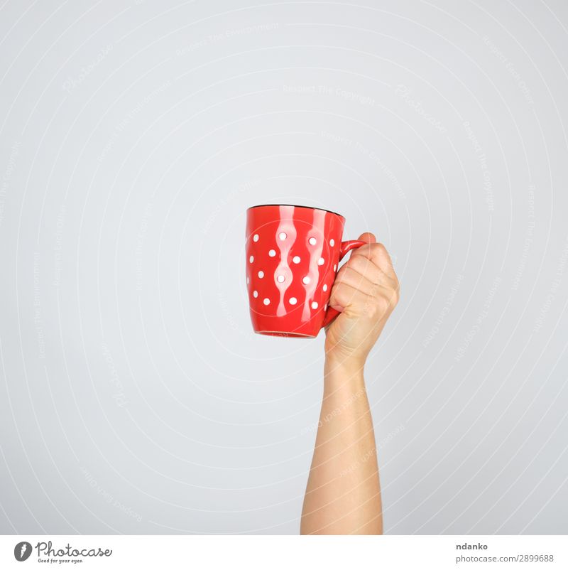 red ceramic cup in a female hand on a white background Breakfast Beverage Coffee Espresso Tea Cup Mug Woman Adults Hand To hold on Brown Red White Idea big
