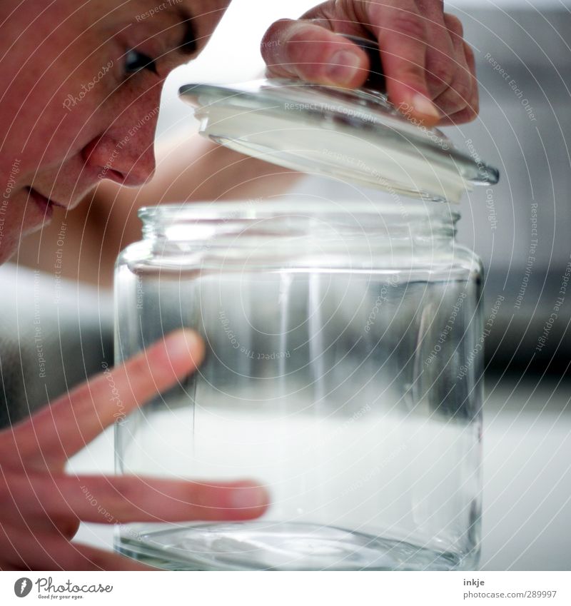 trash [scuffle picture] Human being Face Hand 1 Glass Glass container Preserving jar storage glass Discover Empty Undo take a look Colour photo Interior shot
