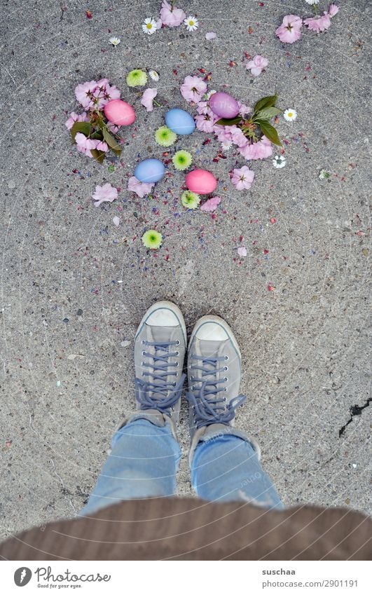 Easter .. dropped Woman Human being Legs Feet Easter egg Egg Feasts & Celebrations Tradition Multicoloured Colour Stand Street Asphalt Footwear lace-up shoes