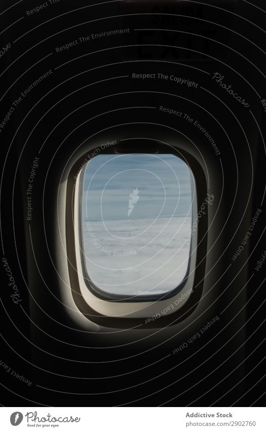 Sky and clouds behind plane window Clouds Airplane Window Vantage point Lanzarote Spain Aircraft Height Weather Transport Jet Modern Contemporary