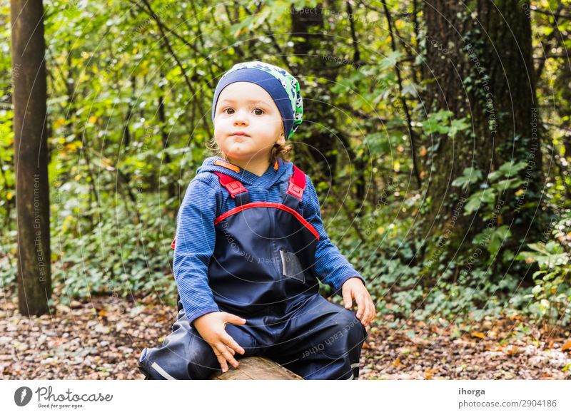 baby playing on a forest path in autumn Lifestyle Joy Happy Vacation & Travel Tourism Adventure Freedom Hiking Hallowe'en Child Human being Baby Boy (child) Man