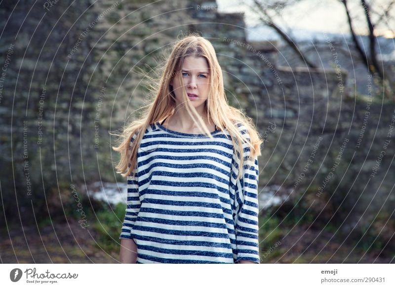 should I? Feminine Young woman Youth (Young adults) 1 Human being 18 - 30 years Adults Blonde Beautiful Striped sweater Colour photo Exterior shot Day