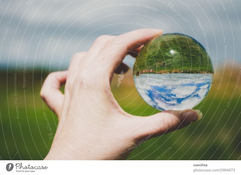 Hand holding a crystal ball with a landscape Style Design Vacation & Travel Tourism Adventure Freedom Environment Nature Landscape Sky Spring Summer Climate