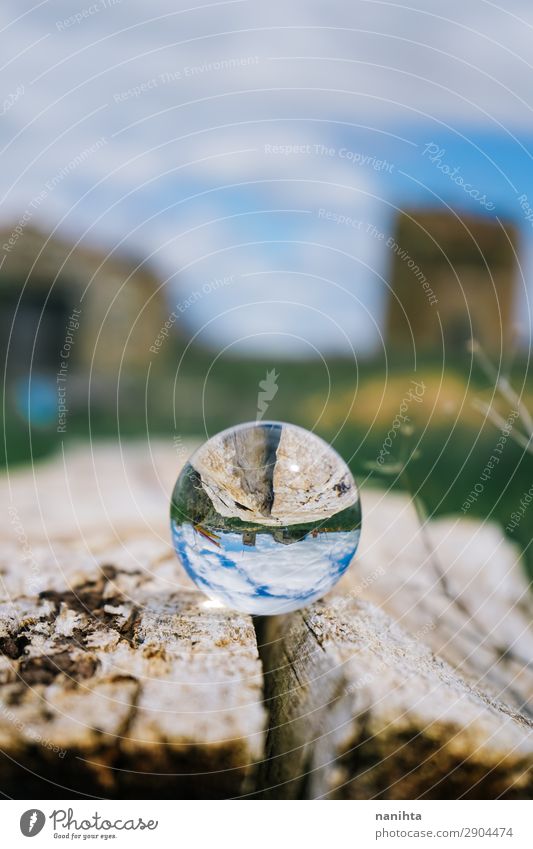 Rural scene viewed through a crystal ball Environment Nature Sky Spring Summer Beautiful weather Field Village Deserted Wood Glass Crystal Sphere Authentic