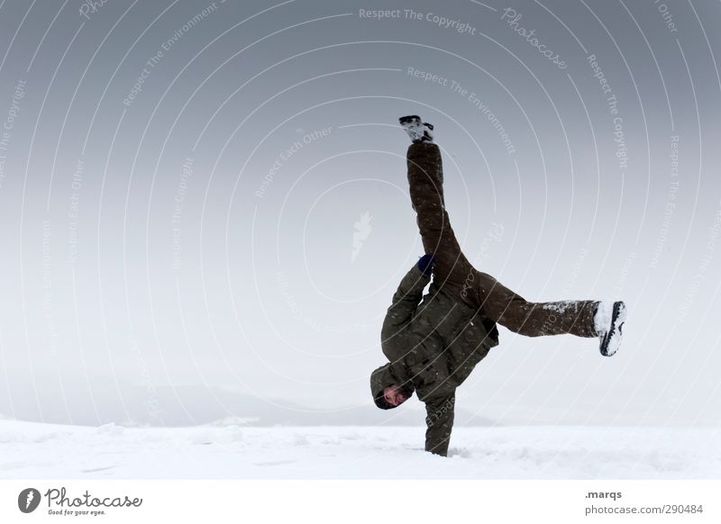posture Trip Winter vacation Sports Handstand Acrobatic Human being Masculine Adults 1 Environment Nature Sky Climate Ice Frost Snow Exceptional Cool (slang)